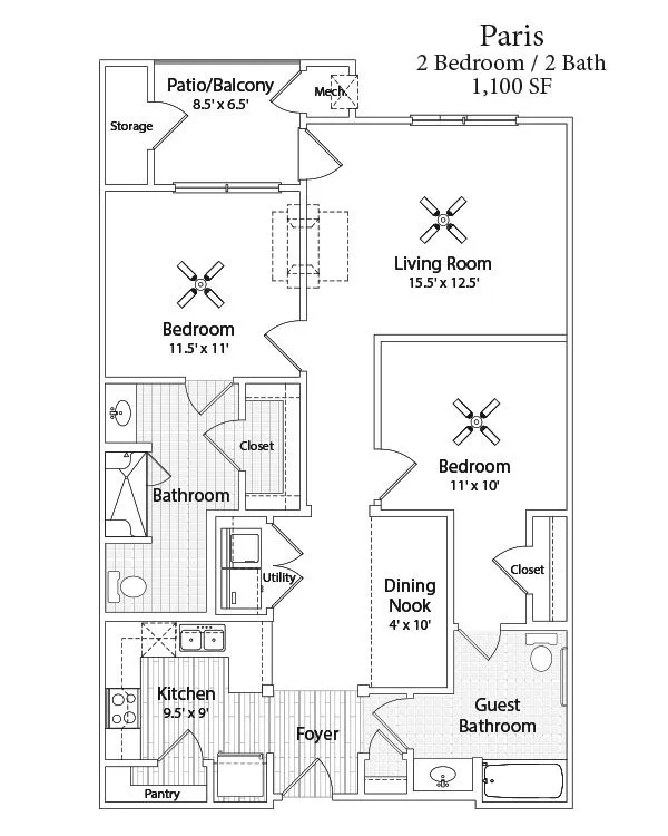 Paris floor plan, 2 bedroom, 2 bath, 1,100 square feet